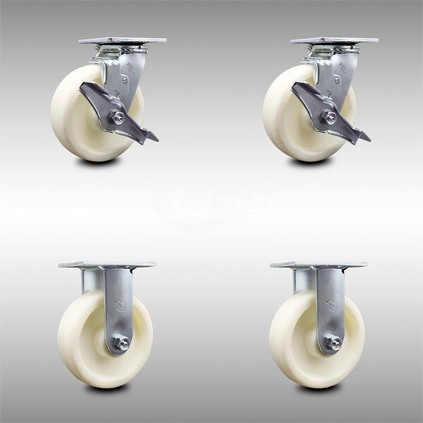 6 Inch Stainless Steel Nylon Caster Set with Roller Bearings 2 Brake 2 Rigid SCC